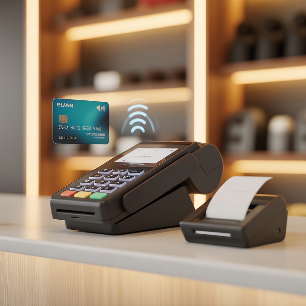 Modern point-of-sale terminal on a gym reception counter accepting contactless payments