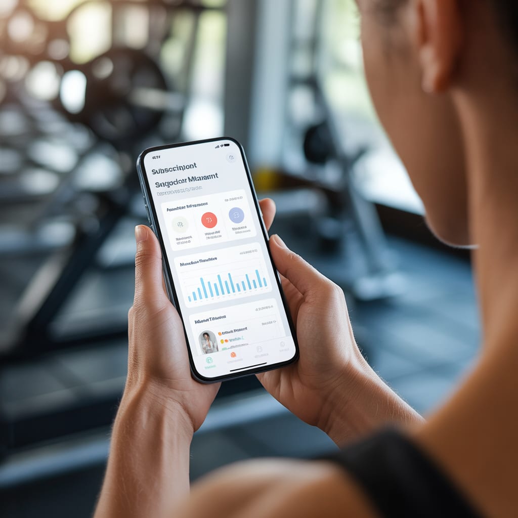 Smartphone displaying gym subscription management app with member plans and renewal options